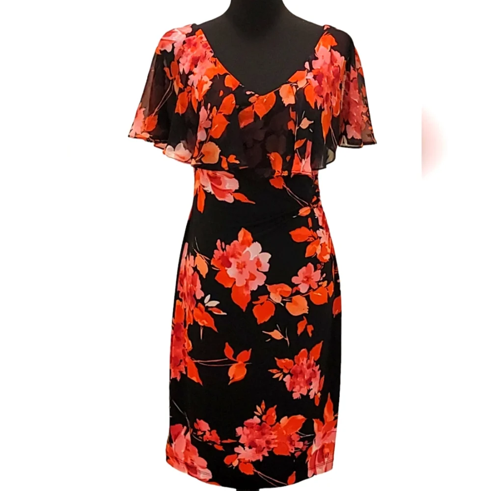 Connected Apparel Floral  Sheer Overlay Ruched A-line Midi Dress